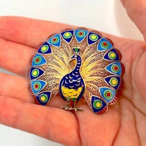 Portuguese filagree sterling enamel peacock brooch